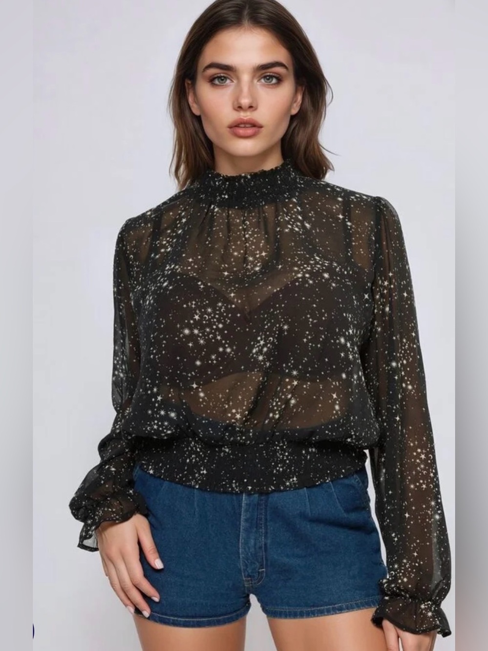 Celestial Stars Moon Printed Top Sheer Button Neck Smocked Boho 2X Forever 21